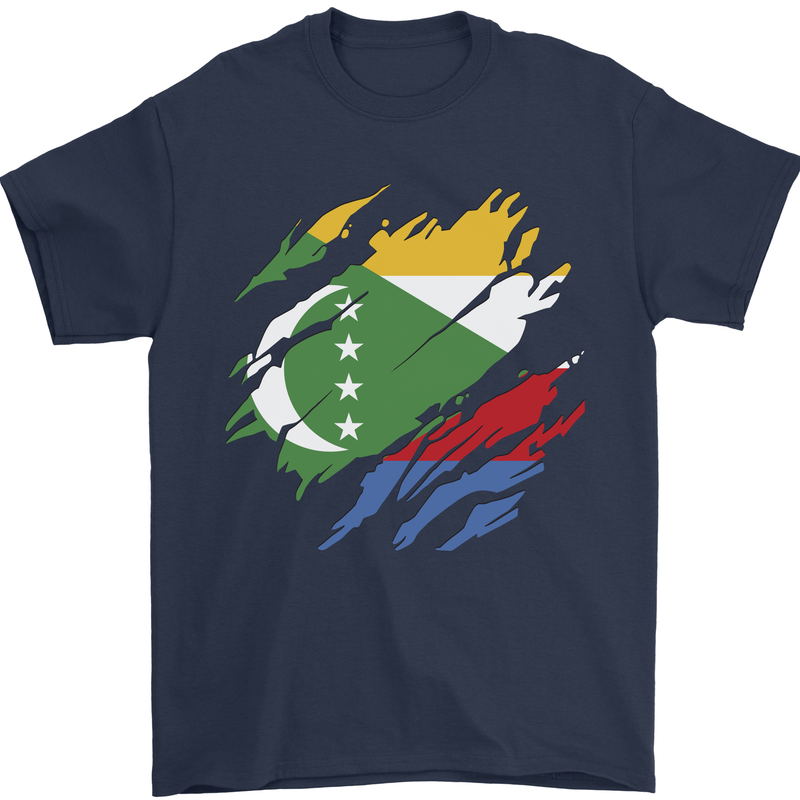 Torn Comoros Flag Comorian Day Football Mens T-Shirt 100% Cotton Navy Blue