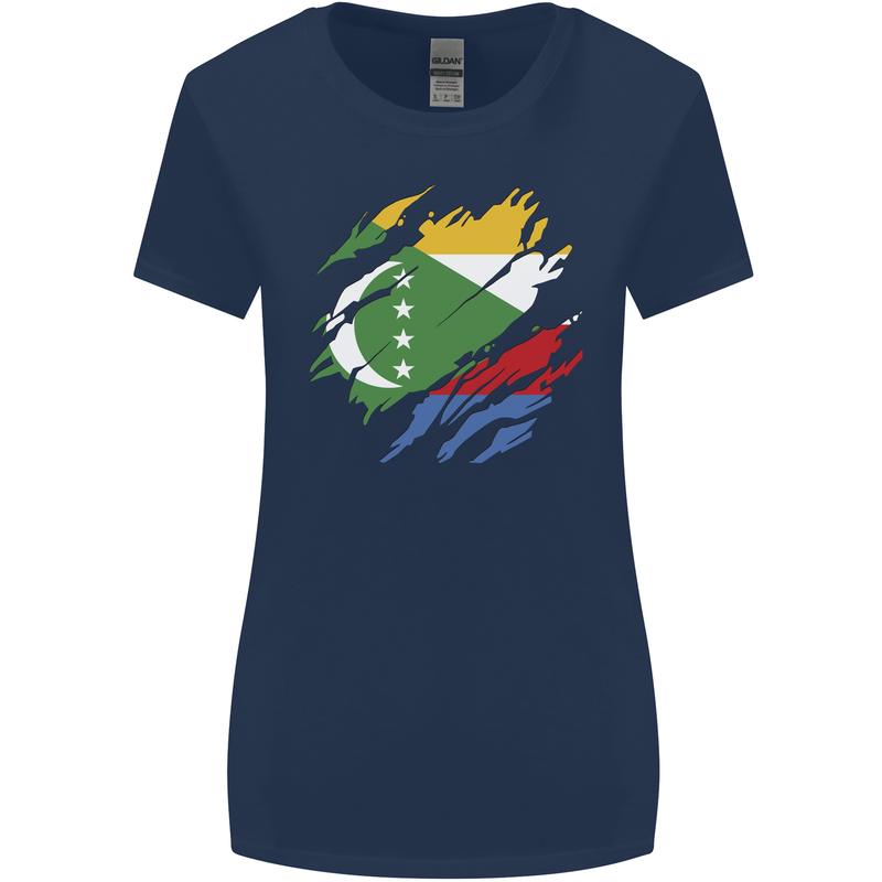 Torn Comoros Flag Comorian Day Football Womens Wider Cut T-Shirt Navy Blue