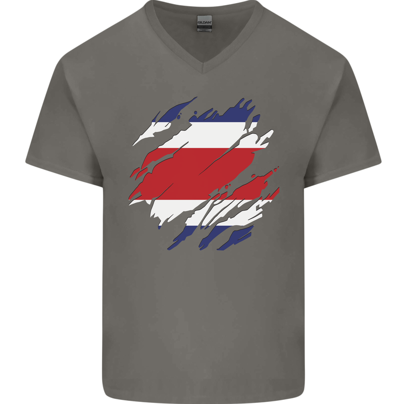 Torn Costa Rica Flag Rican Day Football Mens V-Neck Cotton T-Shirt Charcoal