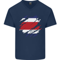 Torn Costa Rica Flag Rican Day Football Mens V-Neck Cotton T-Shirt Navy Blue