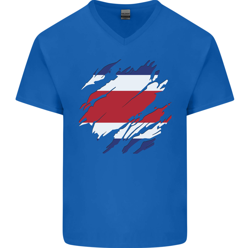 Torn Costa Rica Flag Rican Day Football Mens V-Neck Cotton T-Shirt Royal Blue