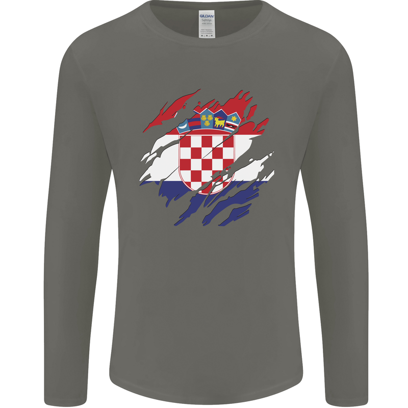 Torn Croatia Flag Croatian Day Football Mens Long Sleeve T-Shirt Charcoal