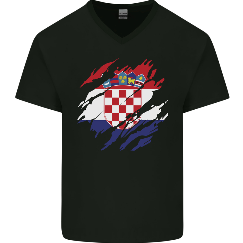 Torn Croatia Flag Croatian Day Football Mens V-Neck Cotton T-Shirt Black