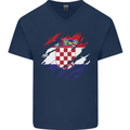 Torn Croatia Flag Croatian Day Football Mens V-Neck Cotton T-Shirt Navy Blue