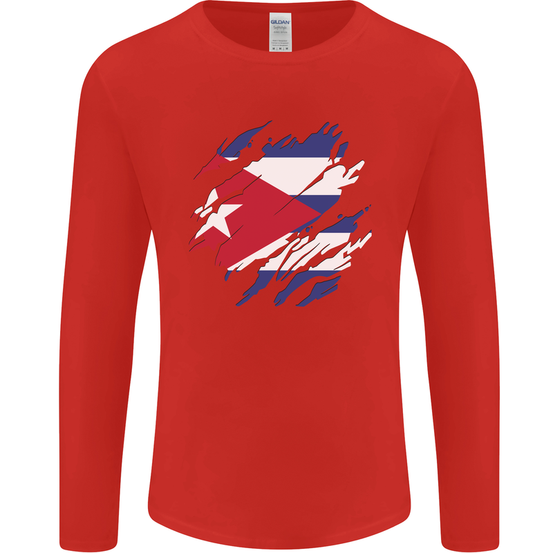 Torn Cuba Flag Cuban Day Football Mens Long Sleeve T-Shirt Red