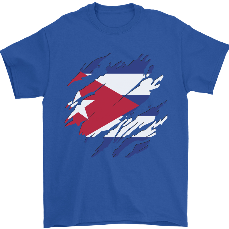 Torn Cuba Flag Cuban Day Football Mens T-Shirt 100% Cotton Royal Blue