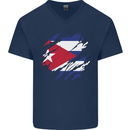 Torn Cuba Flag Cuban Day Football Mens V-Neck Cotton T-Shirt Navy Blue