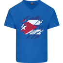 Torn Cuba Flag Cuban Day Football Mens V-Neck Cotton T-Shirt Royal Blue
