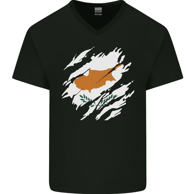 Torn Cyprus Flag Cypriot Day Football Mens V-Neck Cotton T-Shirt Black