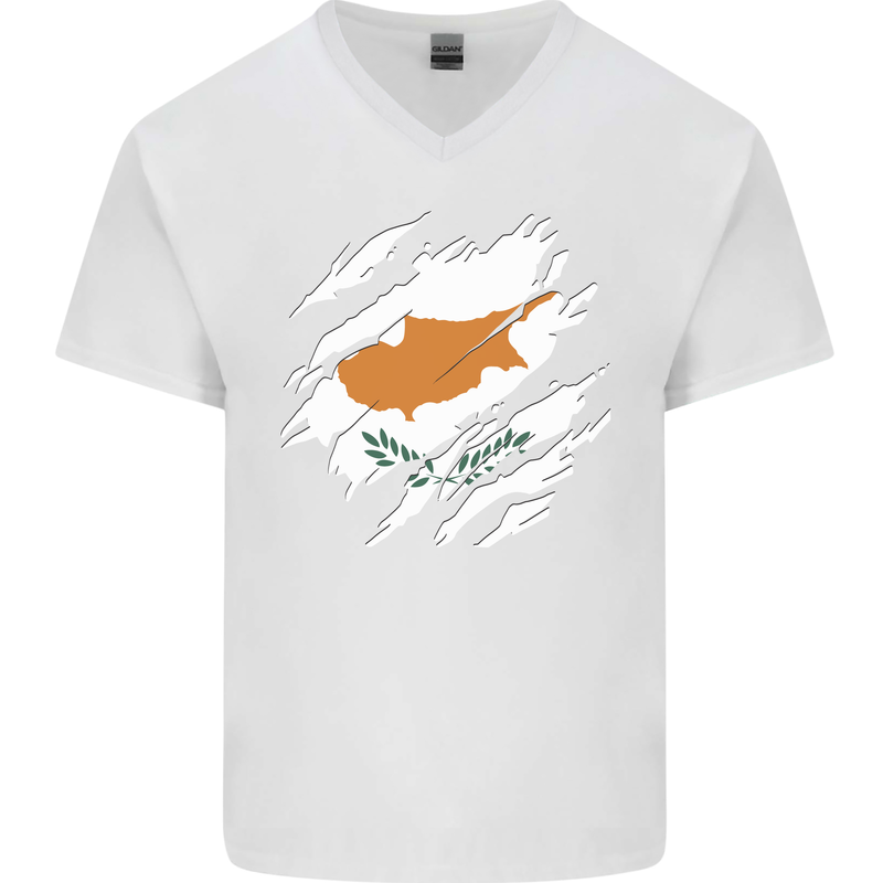 Torn Cyprus Flag Cypriot Day Football Mens V-Neck Cotton T-Shirt White