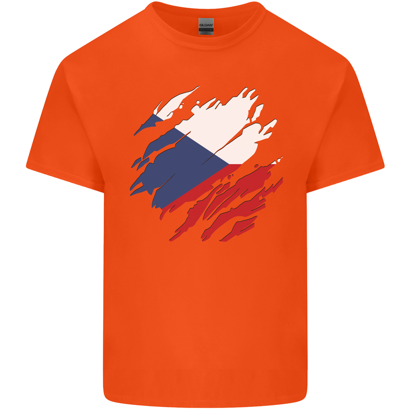 Torn Czechia Flag Czech Republic Day Football Mens Cotton T-Shirt Tee Top Orange