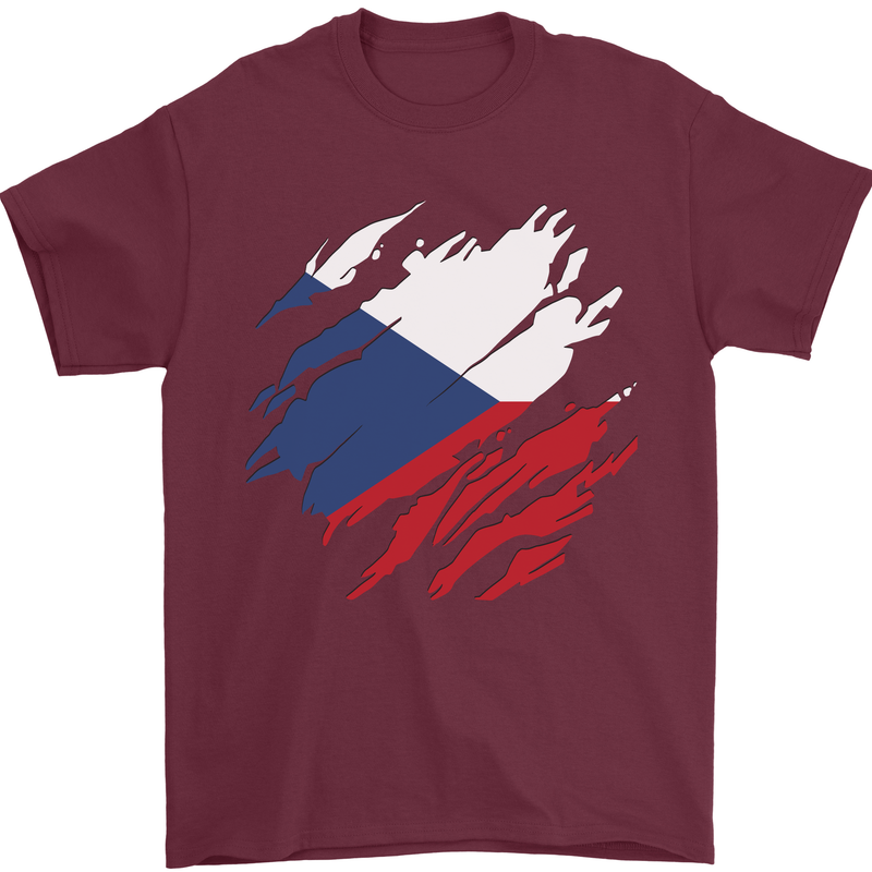 Torn Czechia Flag Czech Republic Day Football Mens T-Shirt 100% Cotton Maroon