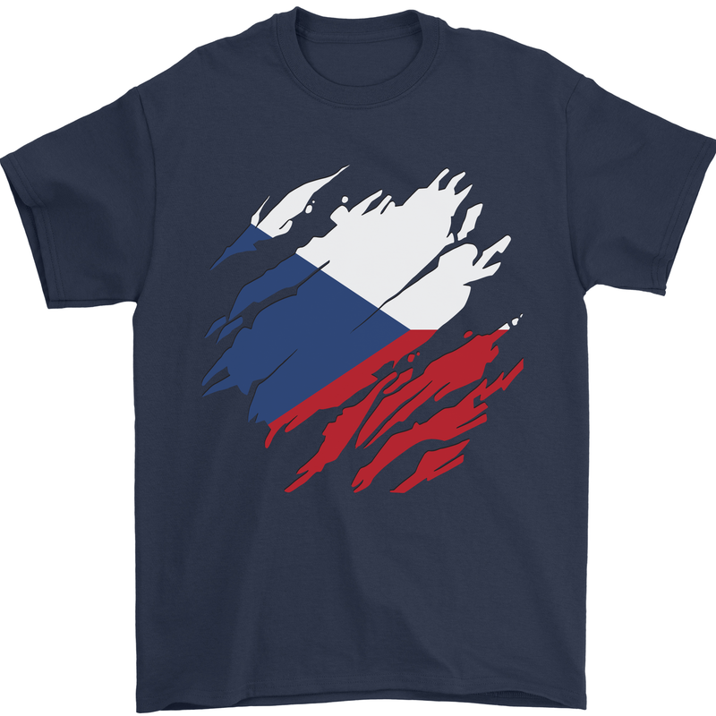 Torn Czechia Flag Czech Republic Day Football Mens T-Shirt 100% Cotton Navy Blue