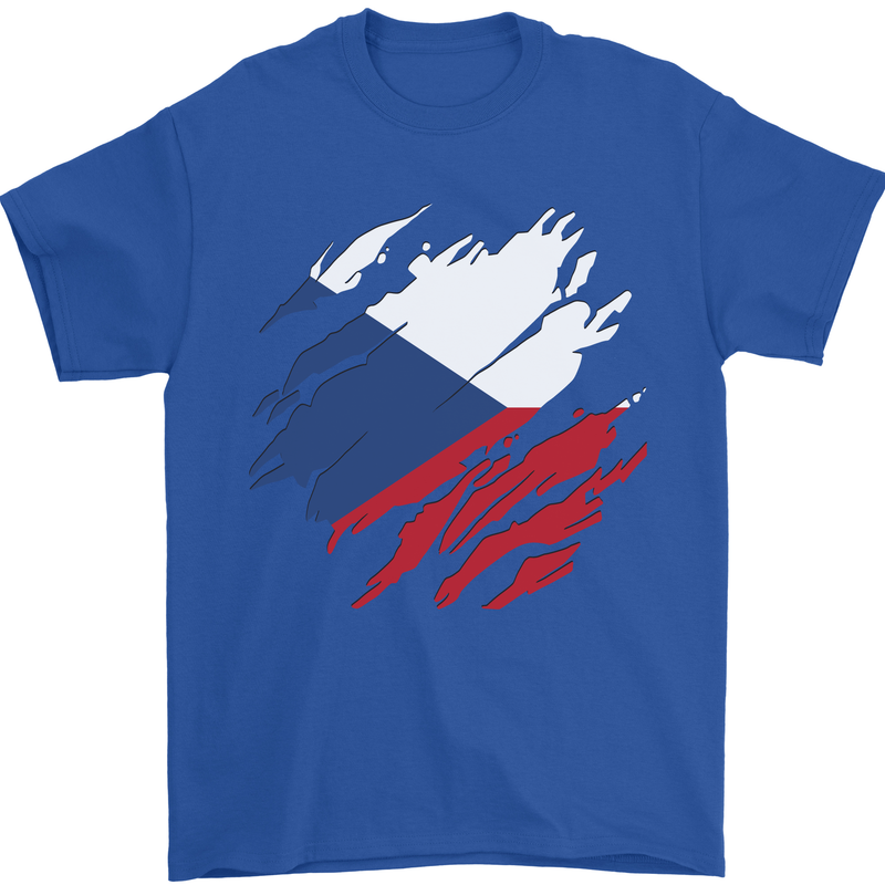 Torn Czechia Flag Czech Republic Day Football Mens T-Shirt 100% Cotton Royal Blue