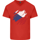 Torn Czechia Flag Czech Republic Day Football Mens V-Neck Cotton T-Shirt Red