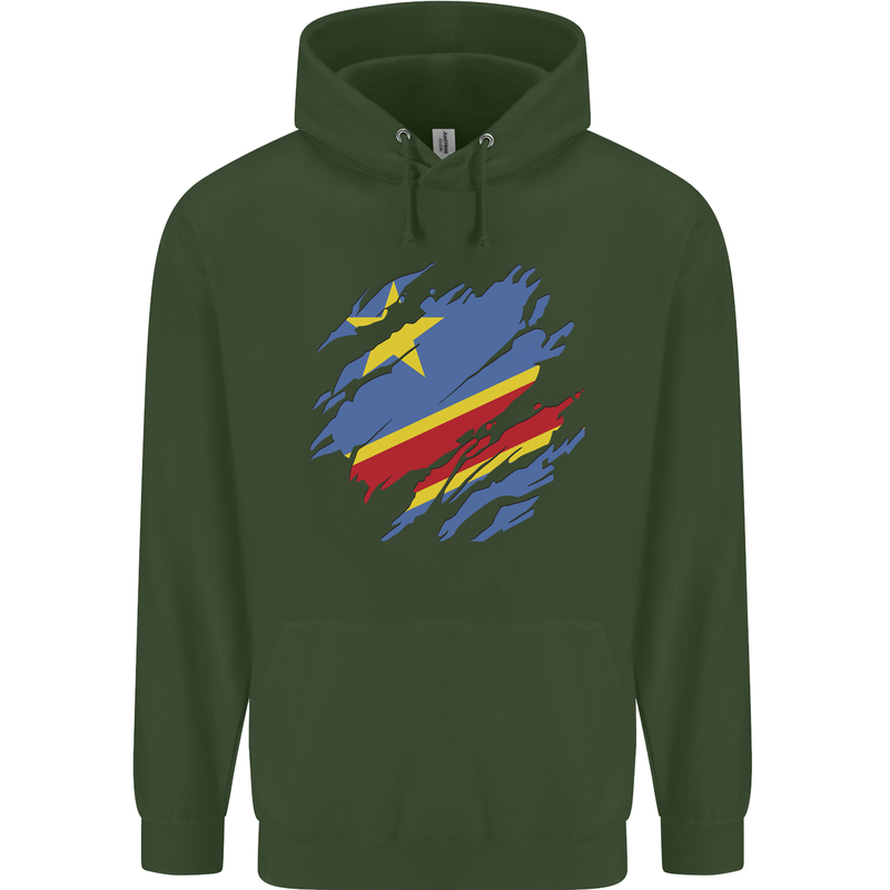 Torn DR Congo Flag Congolese Day Football Childrens Kids Hoodie Forest Green