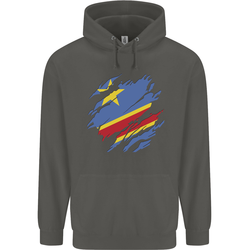 Torn DR Congo Flag Congolese Day Football Childrens Kids Hoodie Storm Grey