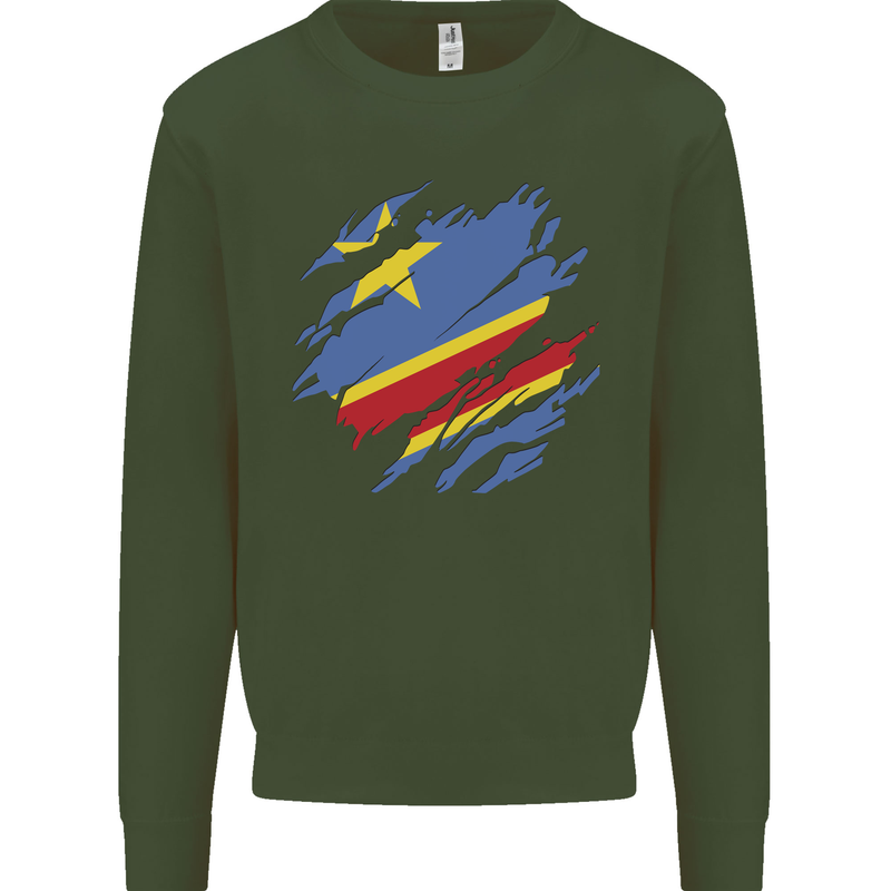 Torn DR Congo Flag Congolese Day Football Kids Sweatshirt Jumper Forest Green
