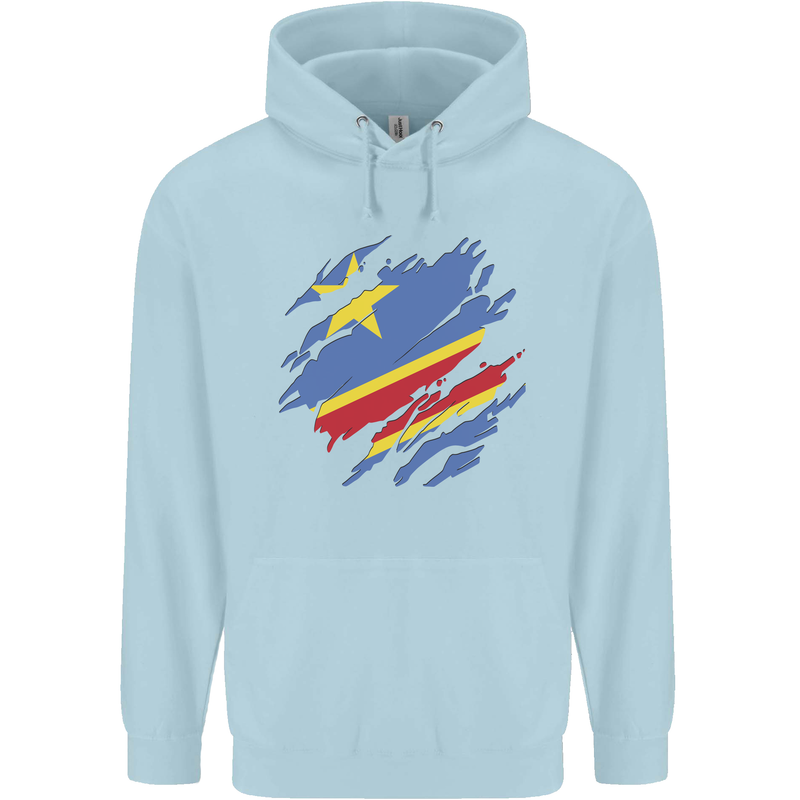 Torn DR Congo Flag Congolese Day Football Mens 80% Cotton Hoodie Light Blue