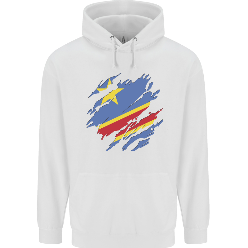 Torn DR Congo Flag Congolese Day Football Mens 80% Cotton Hoodie White