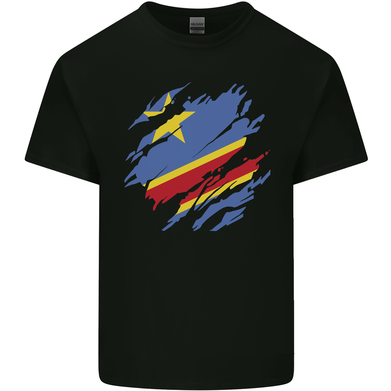 Torn DR Congo Flag Congolese Day Football Mens Cotton T-Shirt Tee Top Black