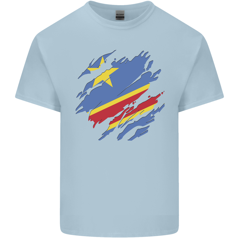 Torn DR Congo Flag Congolese Day Football Mens Cotton T-Shirt Tee Top Light Blue
