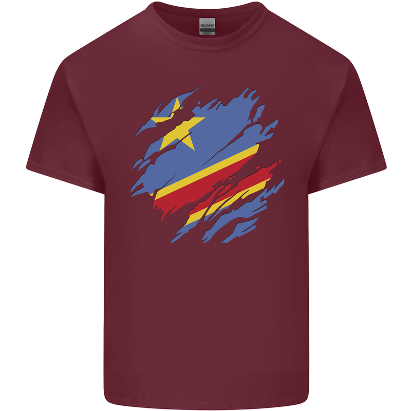 Torn DR Congo Flag Congolese Day Football Mens Cotton T-Shirt Tee Top Maroon