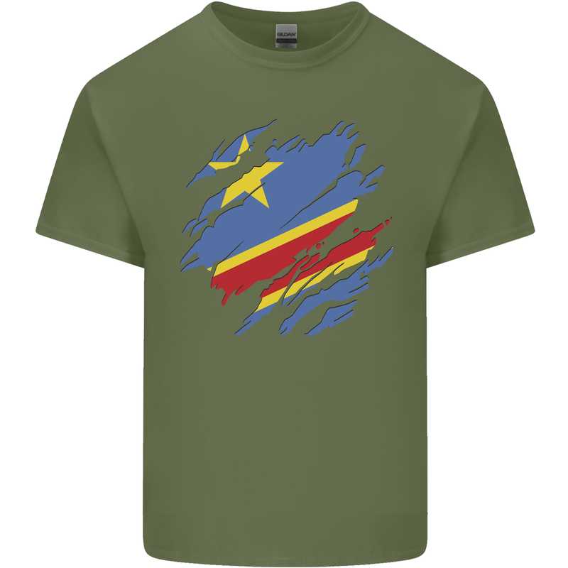 Torn DR Congo Flag Congolese Day Football Mens Cotton T-Shirt Tee Top Military Green