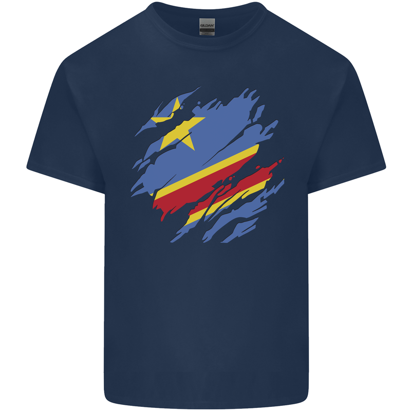 Torn DR Congo Flag Congolese Day Football Mens Cotton T-Shirt Tee Top Navy Blue