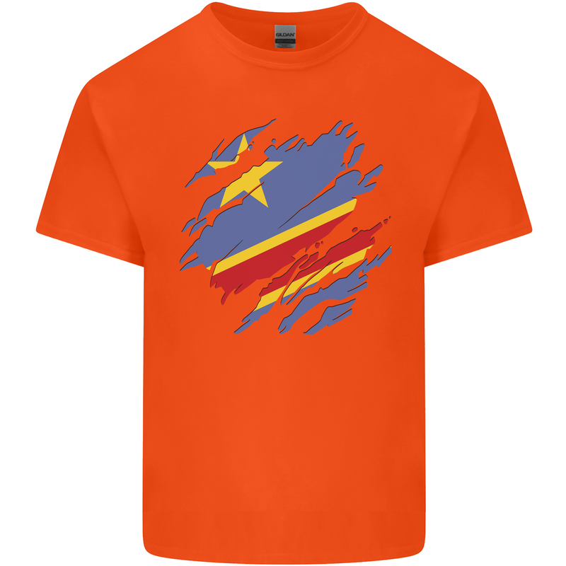 Torn DR Congo Flag Congolese Day Football Mens Cotton T-Shirt Tee Top Orange