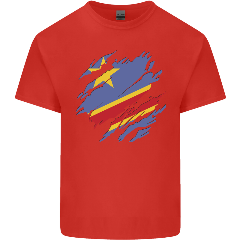 Torn DR Congo Flag Congolese Day Football Mens Cotton T-Shirt Tee Top Red