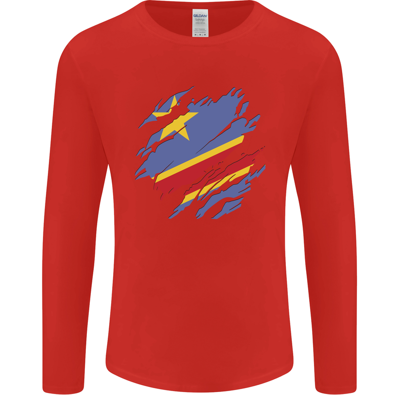 Torn DR Congo Flag Congolese Day Football Mens Long Sleeve T-Shirt Red