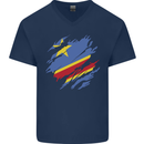 Torn DR Congo Flag Congolese Day Football Mens V-Neck Cotton T-Shirt Navy Blue