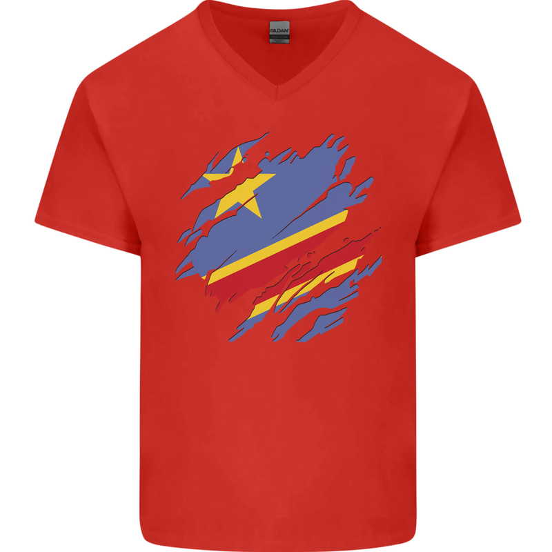 Torn DR Congo Flag Congolese Day Football Mens V-Neck Cotton T-Shirt Red