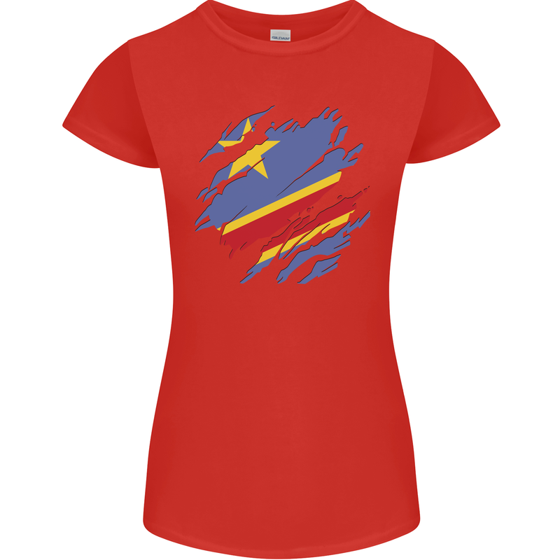 Torn DR Congo Flag Congolese Day Football Womens Petite Cut T-Shirt Red