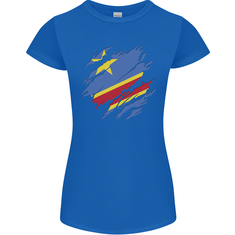 Torn DR Congo Flag Congolese Day Football Womens Petite Cut T-Shirt Royal Blue