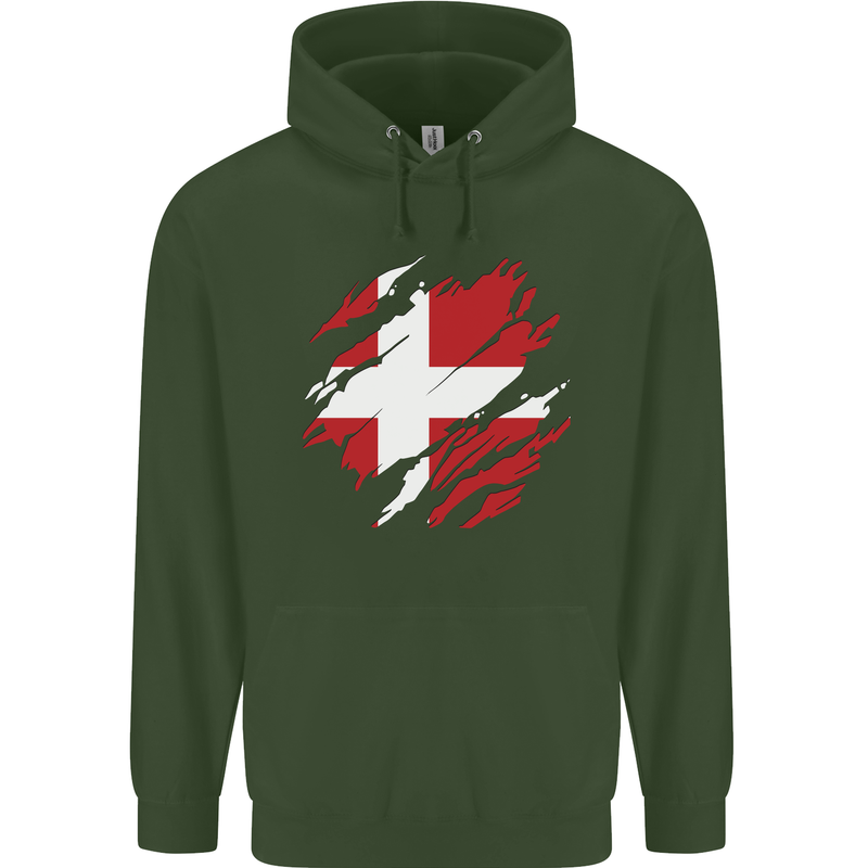 Torn Denmark Flag Danish Day Football Mens 80% Cotton Hoodie Forest Green