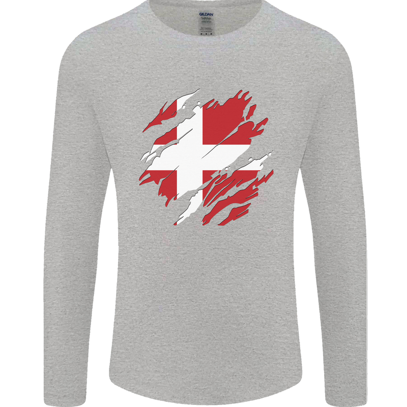 Torn Denmark Flag Danish Day Football Mens Long Sleeve T-Shirt Sports Grey