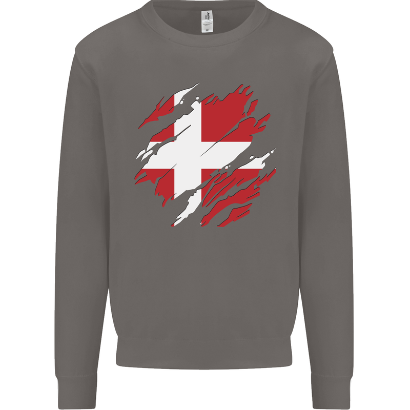 Torn Denmark Flag Danish Day Football Mens Sweatshirt Jumper Charcoal