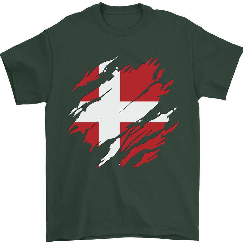 Torn Denmark Flag Danish Day Football Mens T-Shirt 100% Cotton Forest Green