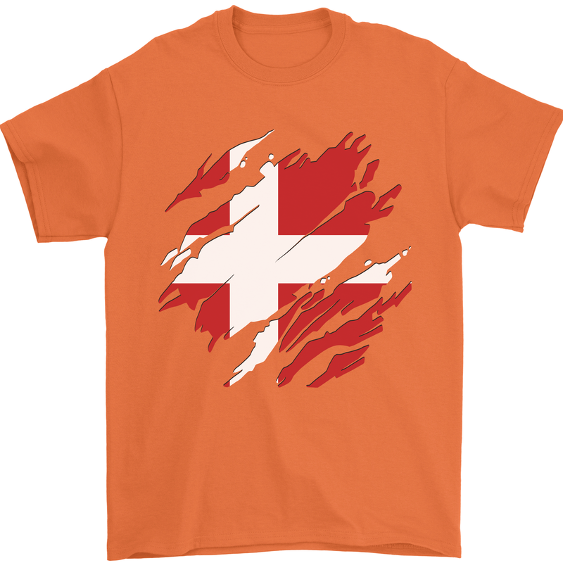 Torn Denmark Flag Danish Day Football Mens T-Shirt 100% Cotton Orange