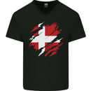 Torn Denmark Flag Danish Day Football Mens V-Neck Cotton T-Shirt Black