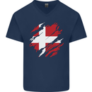 Torn Denmark Flag Danish Day Football Mens V-Neck Cotton T-Shirt Navy Blue