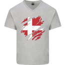 Torn Denmark Flag Danish Day Football Mens V-Neck Cotton T-Shirt Sports Grey