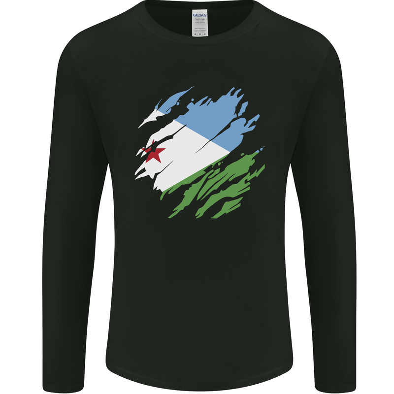 Torn Djibouti Flag Djiboutians Day Football Mens Long Sleeve T-Shirt Black