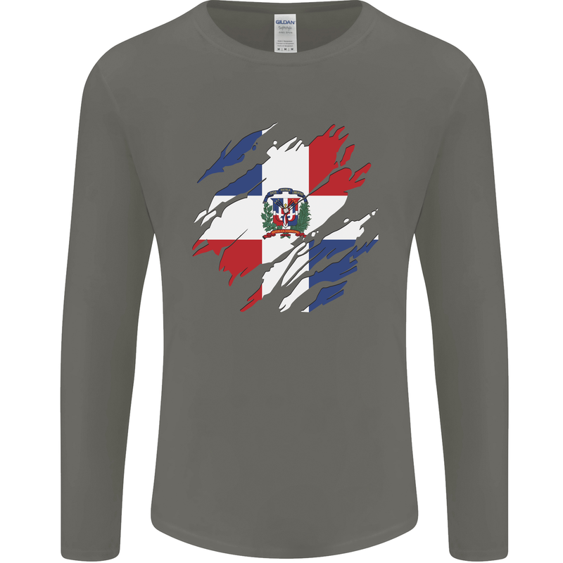 Torn Dominican Republic Flag Dominicanos Day Mens Long Sleeve T-Shirt Charcoal