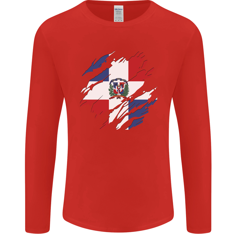 Torn Dominican Republic Flag Dominicanos Day Mens Long Sleeve T-Shirt Red