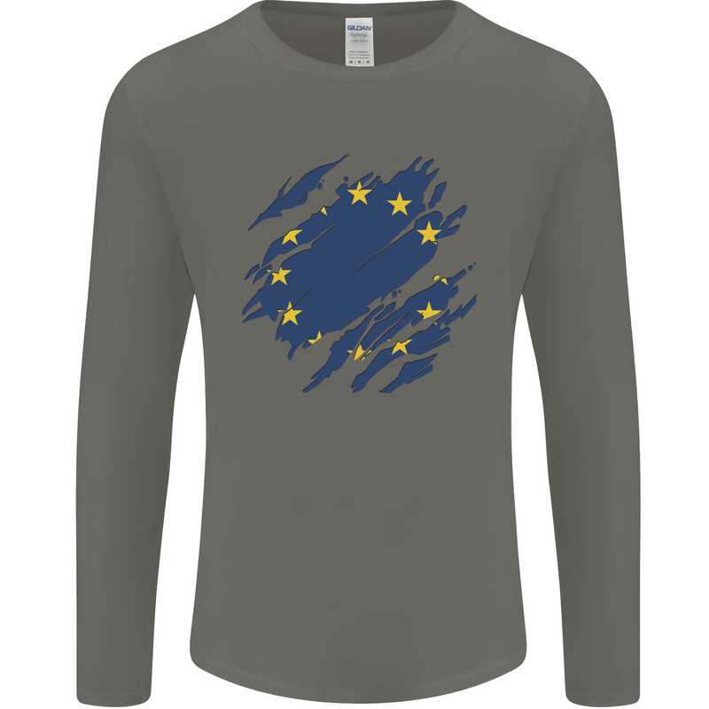 Torn EU Flag European Union Flag Football Mens Long Sleeve T-Shirt Charcoal