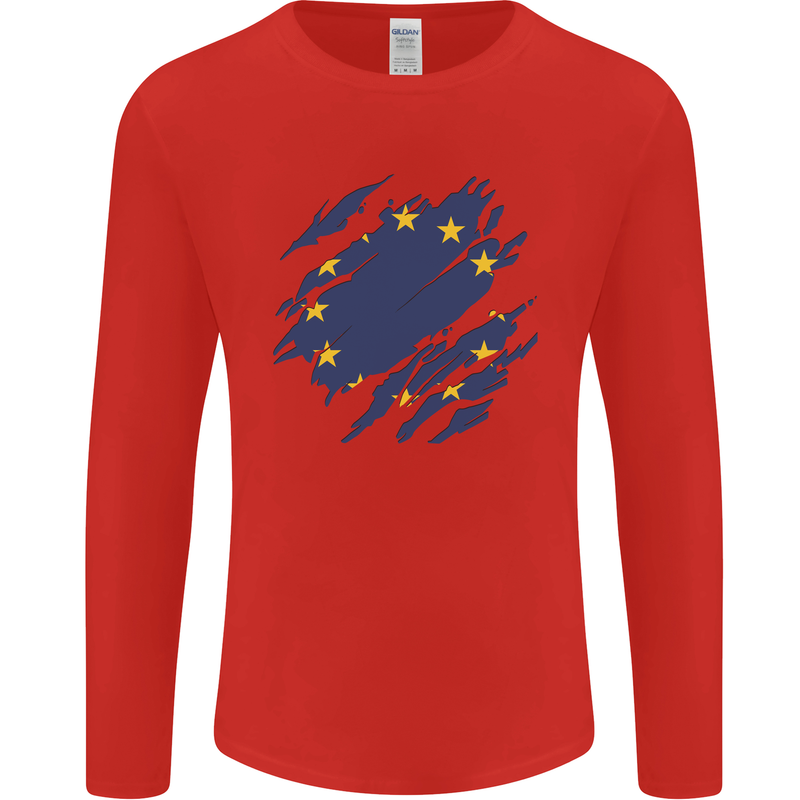 Torn EU Flag European Union Flag Football Mens Long Sleeve T-Shirt Red