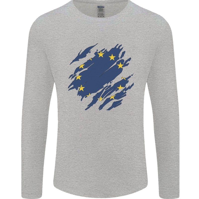 Torn EU Flag European Union Flag Football Mens Long Sleeve T-Shirt Sports Grey
